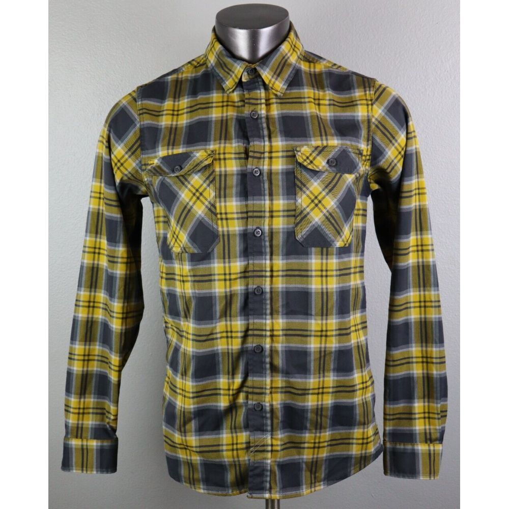 Mens‎ Mountain Hardwear Long Sleeve Button Front Shirt Size S Plaid Yellow Gray